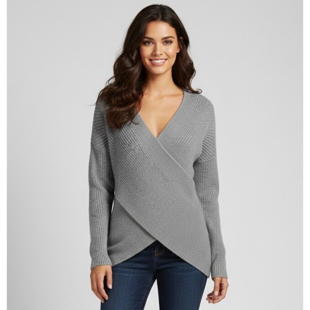 Express Gray Metallic Faux Wrap Knit Sweater | Glamoratti Mob Wife Office Siren